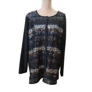 Quaker Factory Womens 2X Black Sequins Lace Cardigan Sweater Top Striped